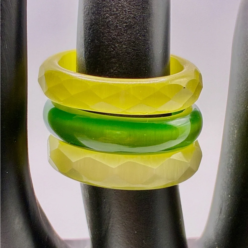 Vintage Set of 3 Lucite Rings, 2 Yellow, 1 Green Sizes 2 x 7.0 & 1 x 7.25